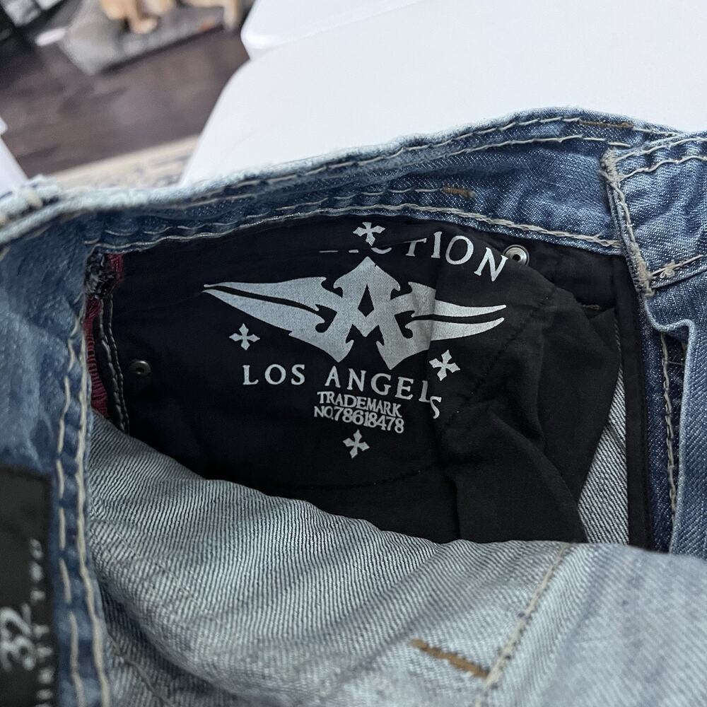 Affliction Mens Jeans Cooper 32 Long Relaxed Boot Cross Patches Blue Wash Y2K LA - Picture 10 of 14
